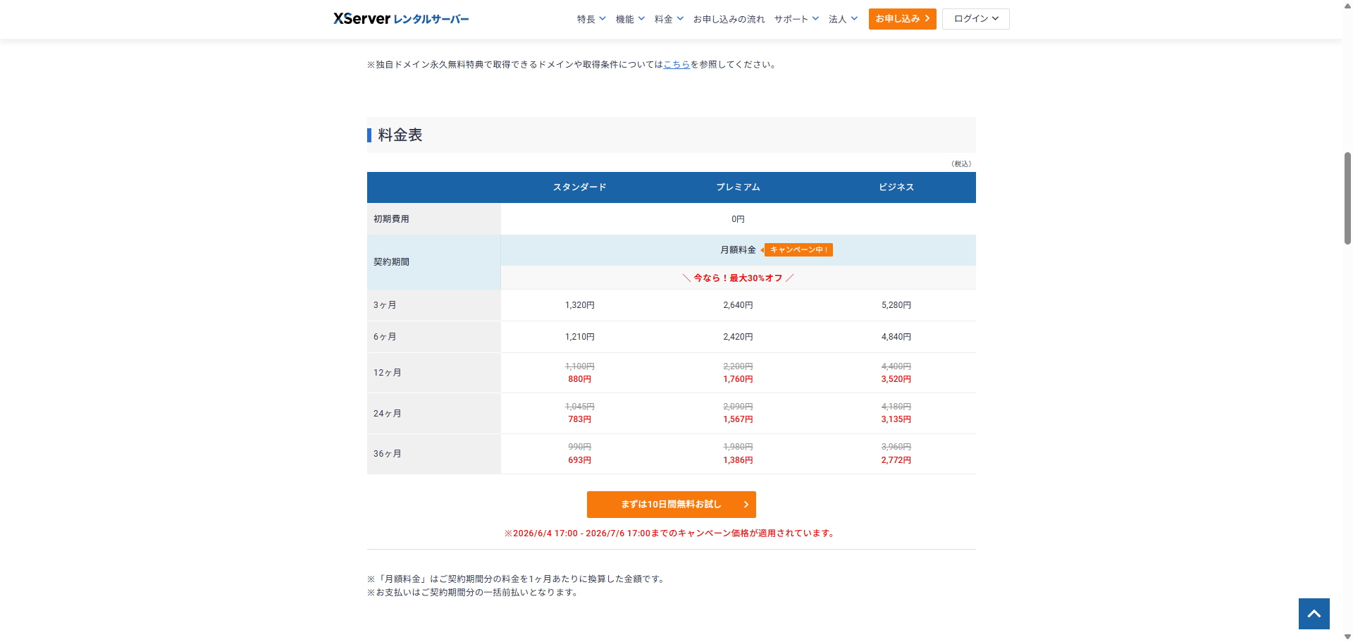 Xserver料金ページ